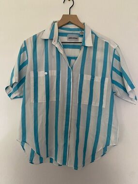 Vintage Turquoise & White Vertical Stripe Short-Sleeve Button-Down Shirt